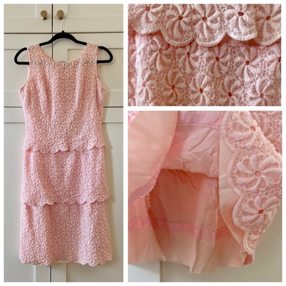 Vintage 1960s Powder Pink Floral Lace Sleeveless Sheath Midi Dress, sz. S - Picture 5 of 17